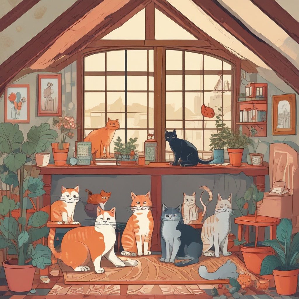Illustration of cats in a house