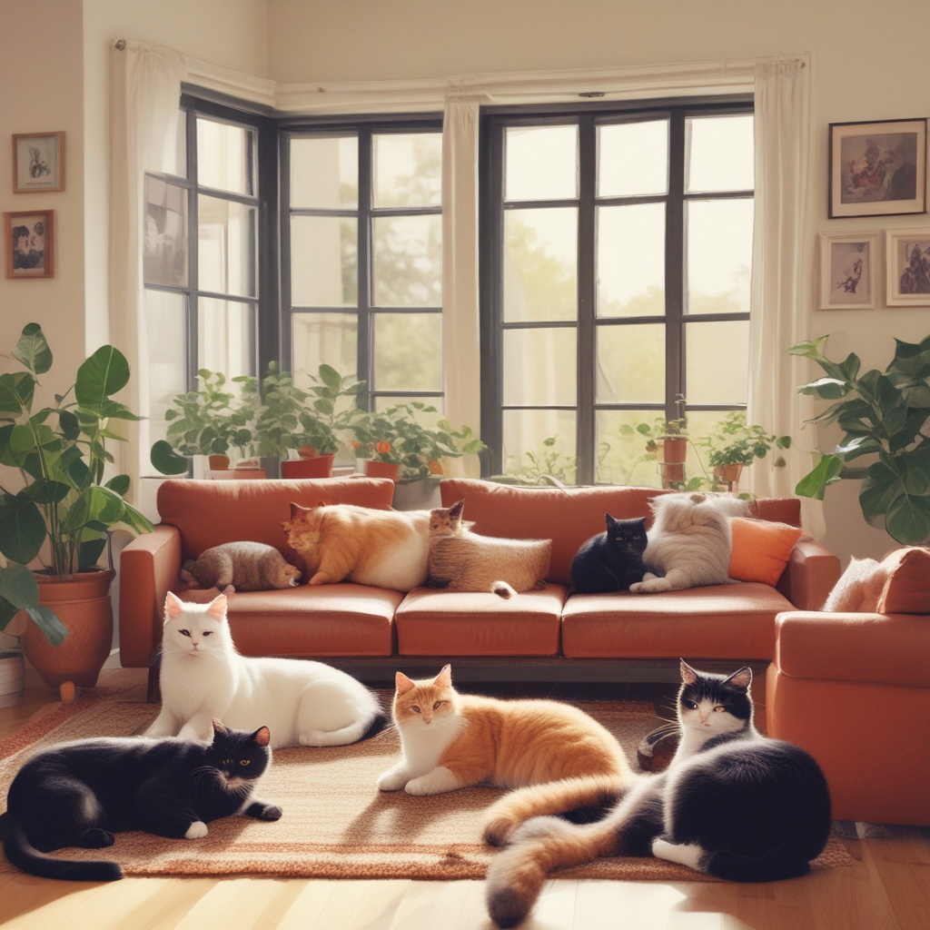 Several cats relaxing indoors